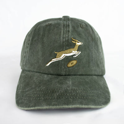 Vintage Distressed Cotton Springbok Dad Cap - Military Olive Green Rugby Fan Hat
