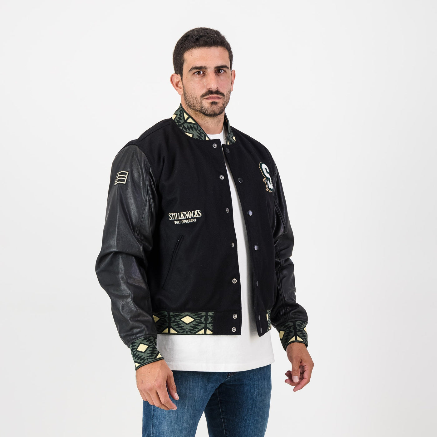Stillknocks Legendary Black Leather Bomber Jacket Basotho Inspired Gold Embroidery