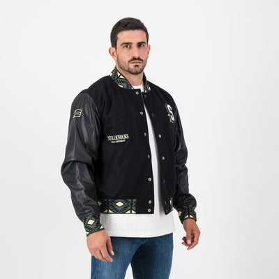 Stillknocks Legendary Black Leather Bomber Jacket Basotho Inspired Gold Embroidery
