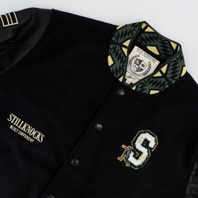 Stillknocks Legendary Black Leather Bomber Jacket Basotho Inspired Gold Embroidery