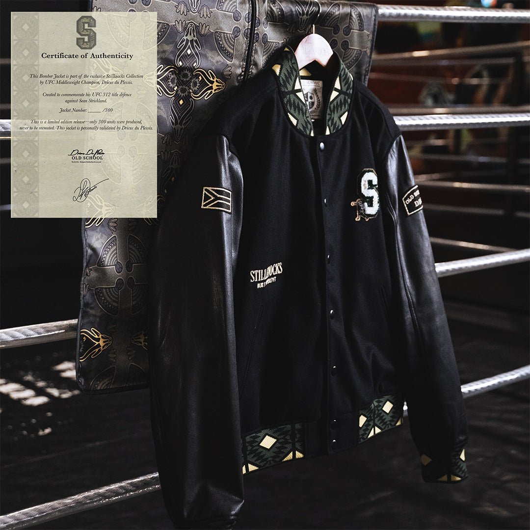 Stillknocks Legendary Black Leather Bomber Jacket Basotho Inspired Gold Embroidery