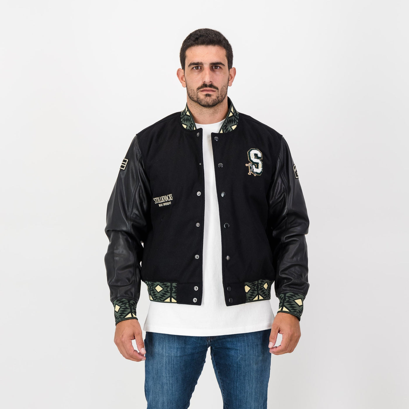 Stillknocks Legendary Black Leather Bomber Jacket Basotho Inspired Gold Embroidery
