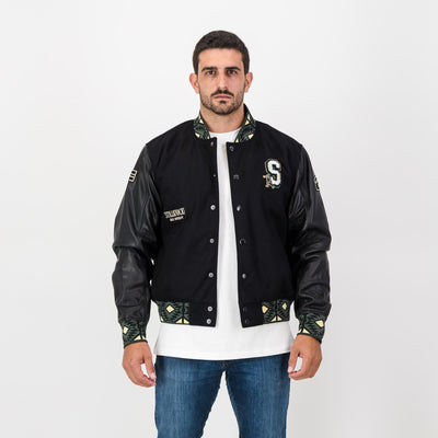 Stillknocks Legendary Black Leather Bomber Jacket Basotho Inspired Gold Embroidery