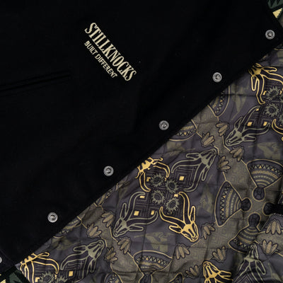 Stillknocks Legendary Black Leather Bomber Jacket Basotho Inspired Gold Embroidery