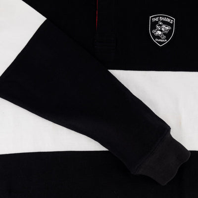 Sharks Rugby Fan Long Sleeve Polo Jersey - Black & White Vintage Style
