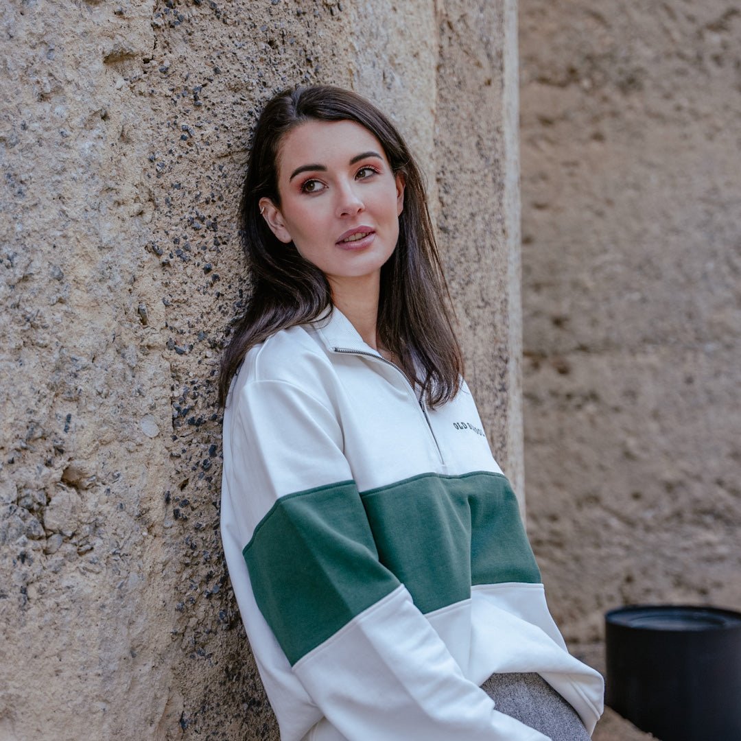 Old School Heavyweight Terry Cotton Quarter Zip Sweatshirt - Cozy Green Comfort