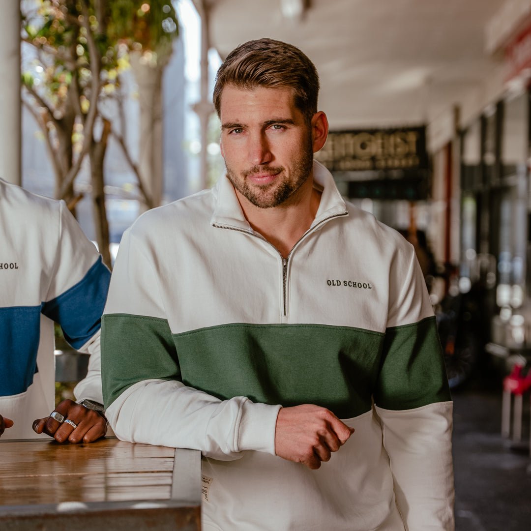 Old School Heavyweight Terry Cotton Quarter Zip Sweatshirt - Cozy Green Comfort