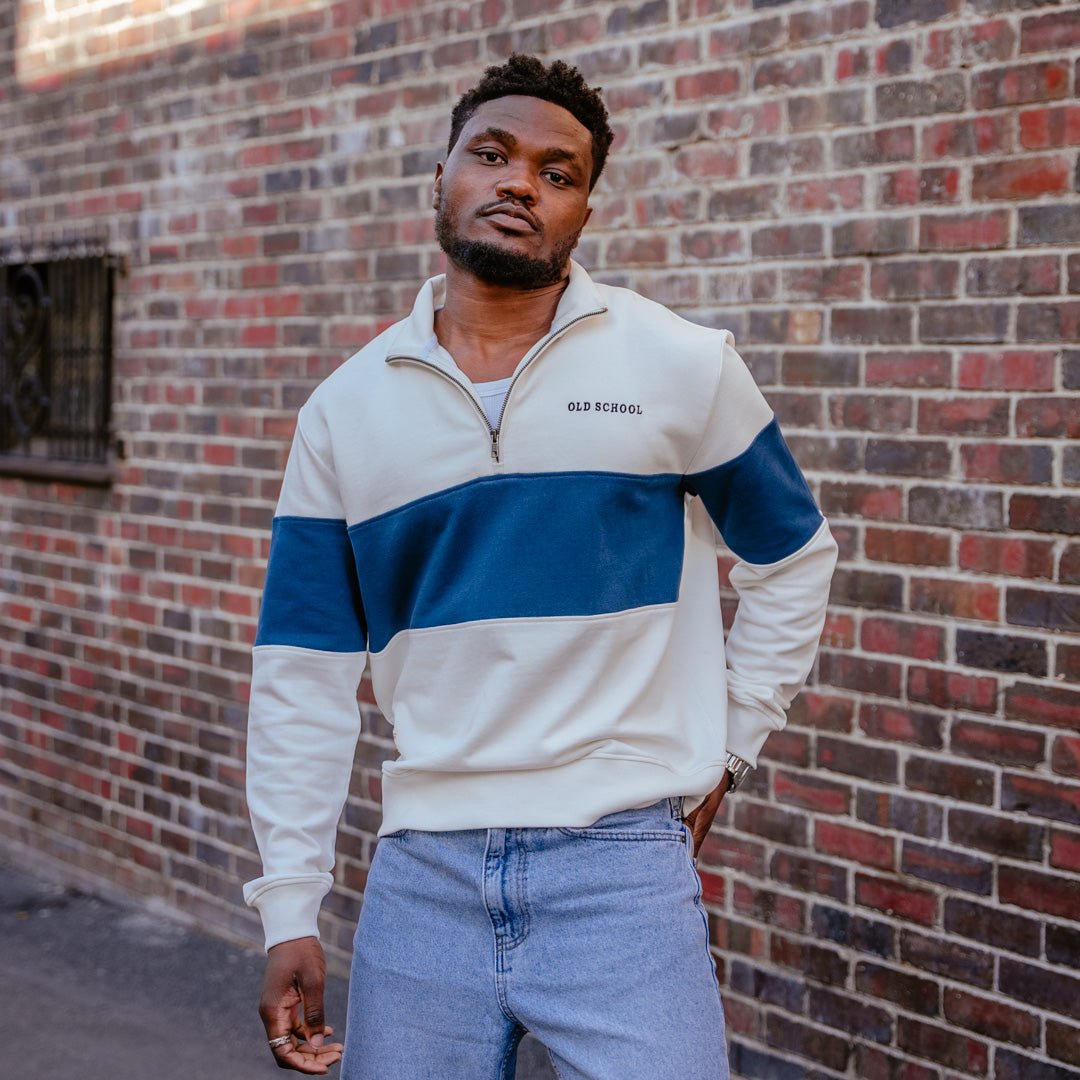 Men's Navy Heavyweight Terry Cotton Quarter Zip Sweater - Soft Finish