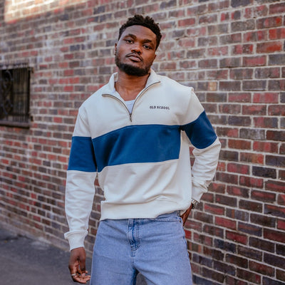 Men's Navy Heavyweight Terry Cotton Quarter Zip Sweater - Soft Finish