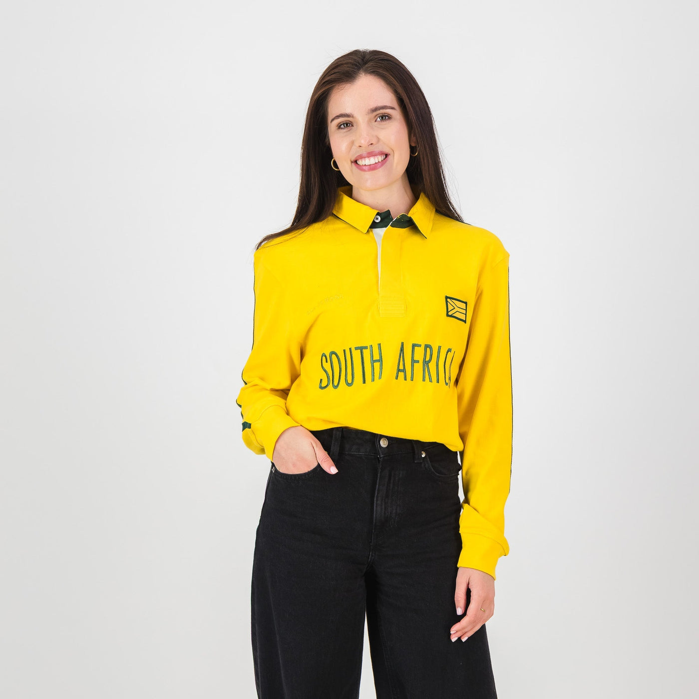 Spectra Yellow SA Rugby Jersey: Premium Cotton, Embroidered Flag, Long Sleeve Design