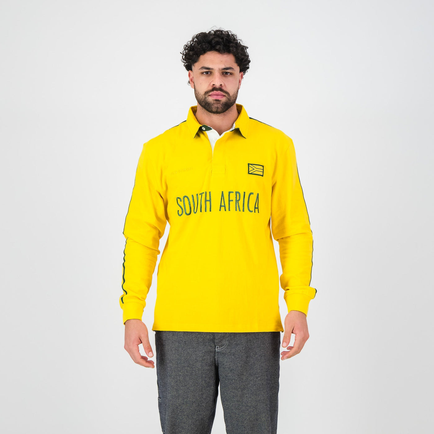 Spectra Yellow SA Rugby Jersey: Premium Cotton, Embroidered Flag, Long Sleeve Design