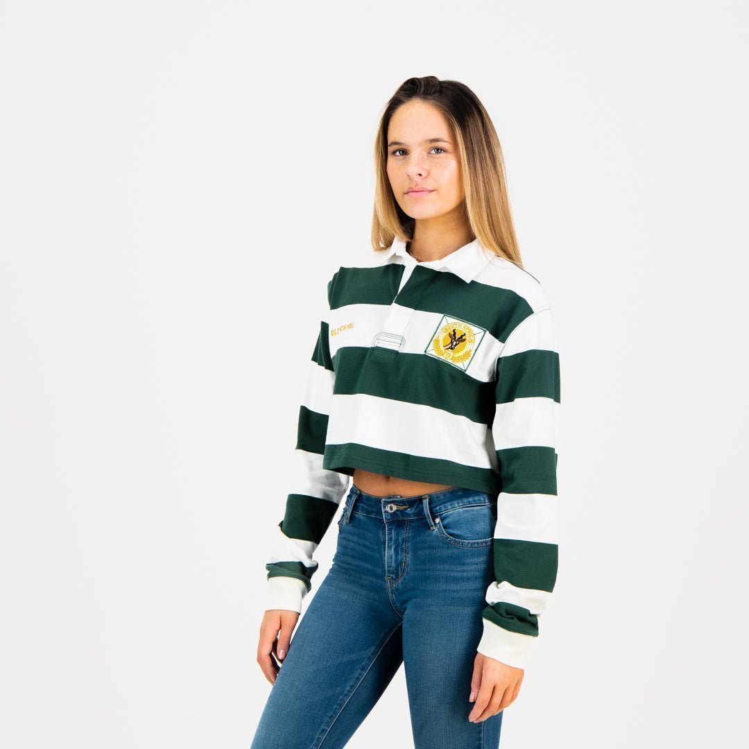 Old School SA Women's Green Gold Striped Crop Rugby Jersey Long Sleeve