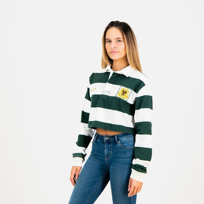 Old School SA Women's Green Gold Striped Crop Rugby Jersey Long Sleeve