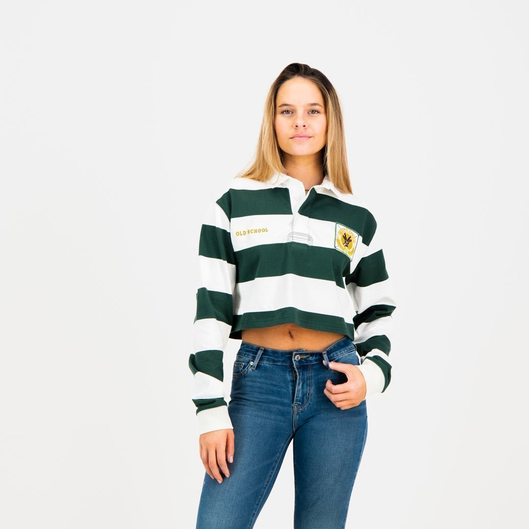 Old School SA Women's Green Gold Striped Crop Rugby Jersey Long Sleeve