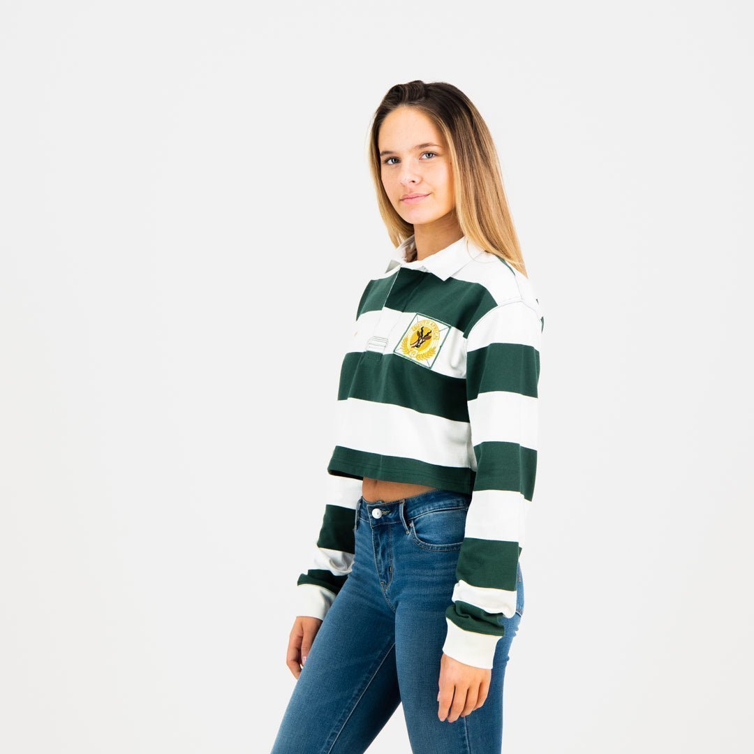 Old School SA Women's Green Gold Striped Crop Rugby Jersey Long Sleeve
