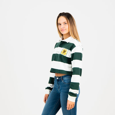Old School SA Women's Green Gold Striped Crop Rugby Jersey Long Sleeve