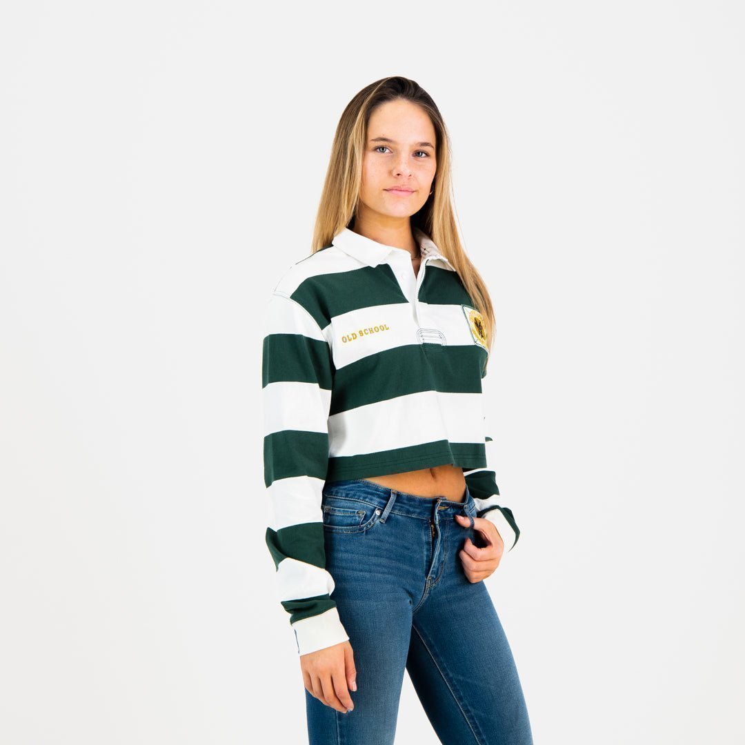 Old School SA Women's Green Gold Striped Crop Rugby Jersey Long Sleeve