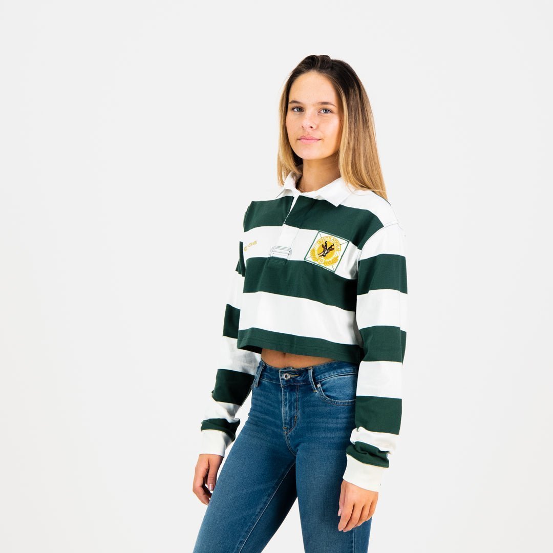 Old School SA Women's Green Gold Striped Crop Rugby Jersey Long Sleeve