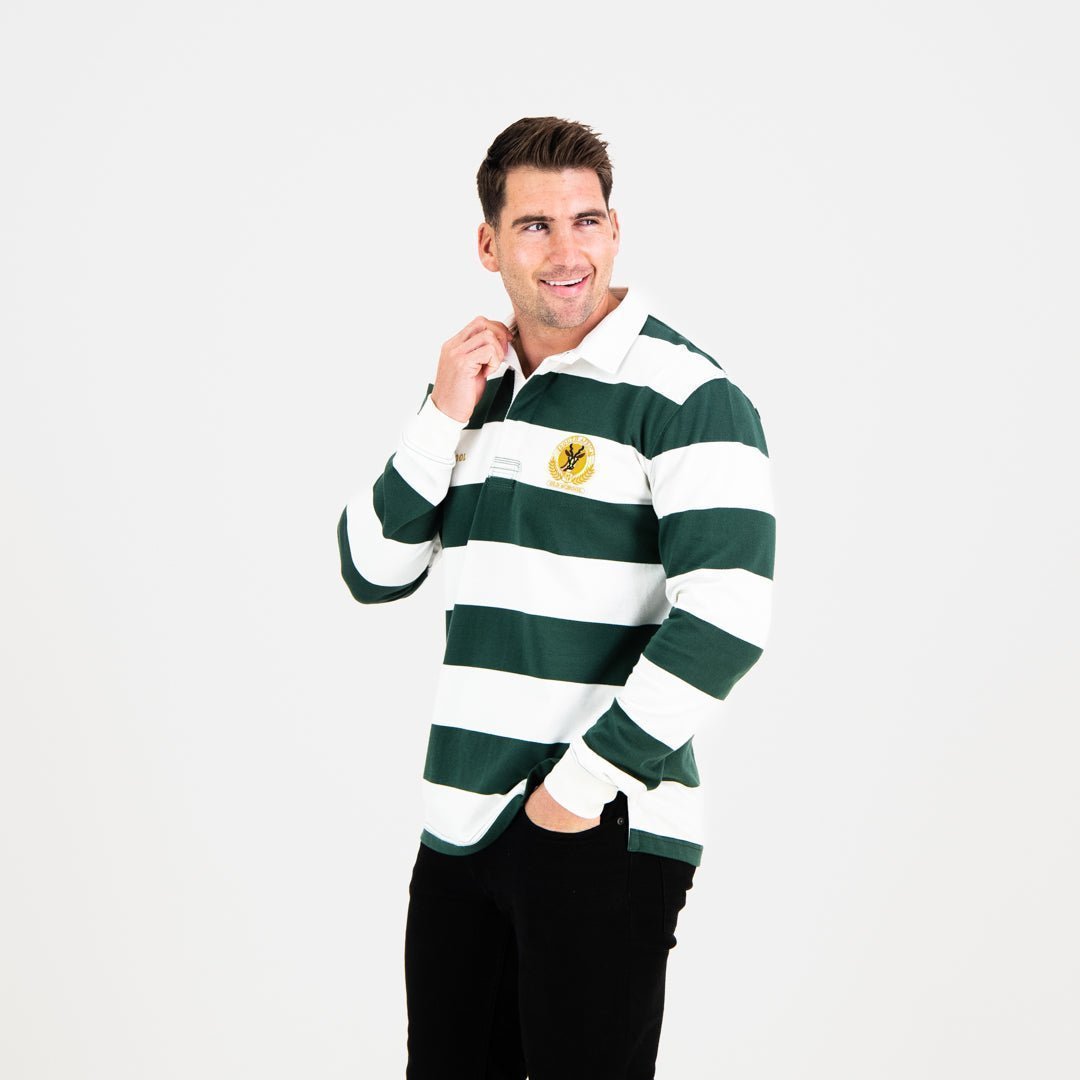 Old School SA Supporters Striped Green Gold Long Sleeve Rugby Jersey