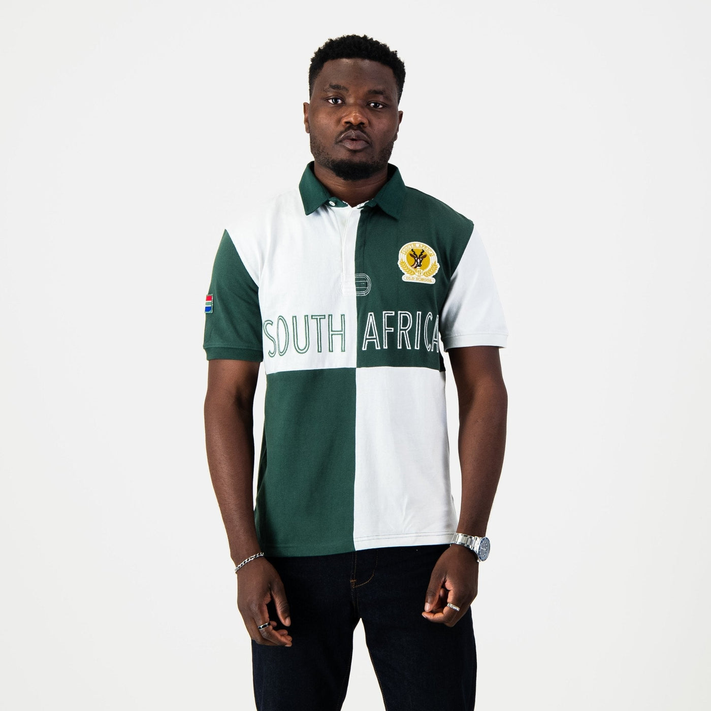 South Africa Supporter Rugby Jersey White Quartered Short Sleeve Cotton Casual Top