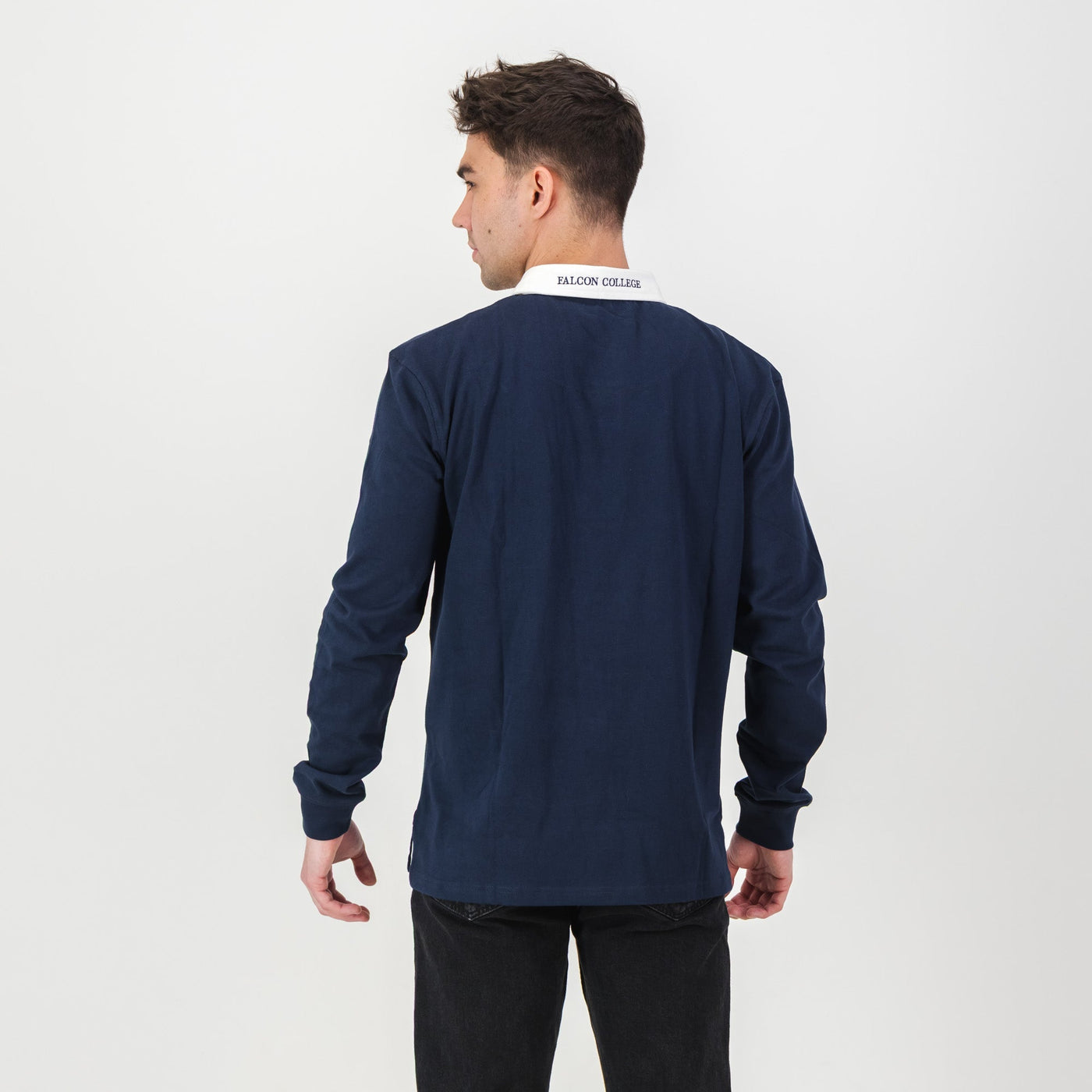 Official Falcon College Navy Long Sleeve Rugby Jersey - Durable Cotton, Embroidered