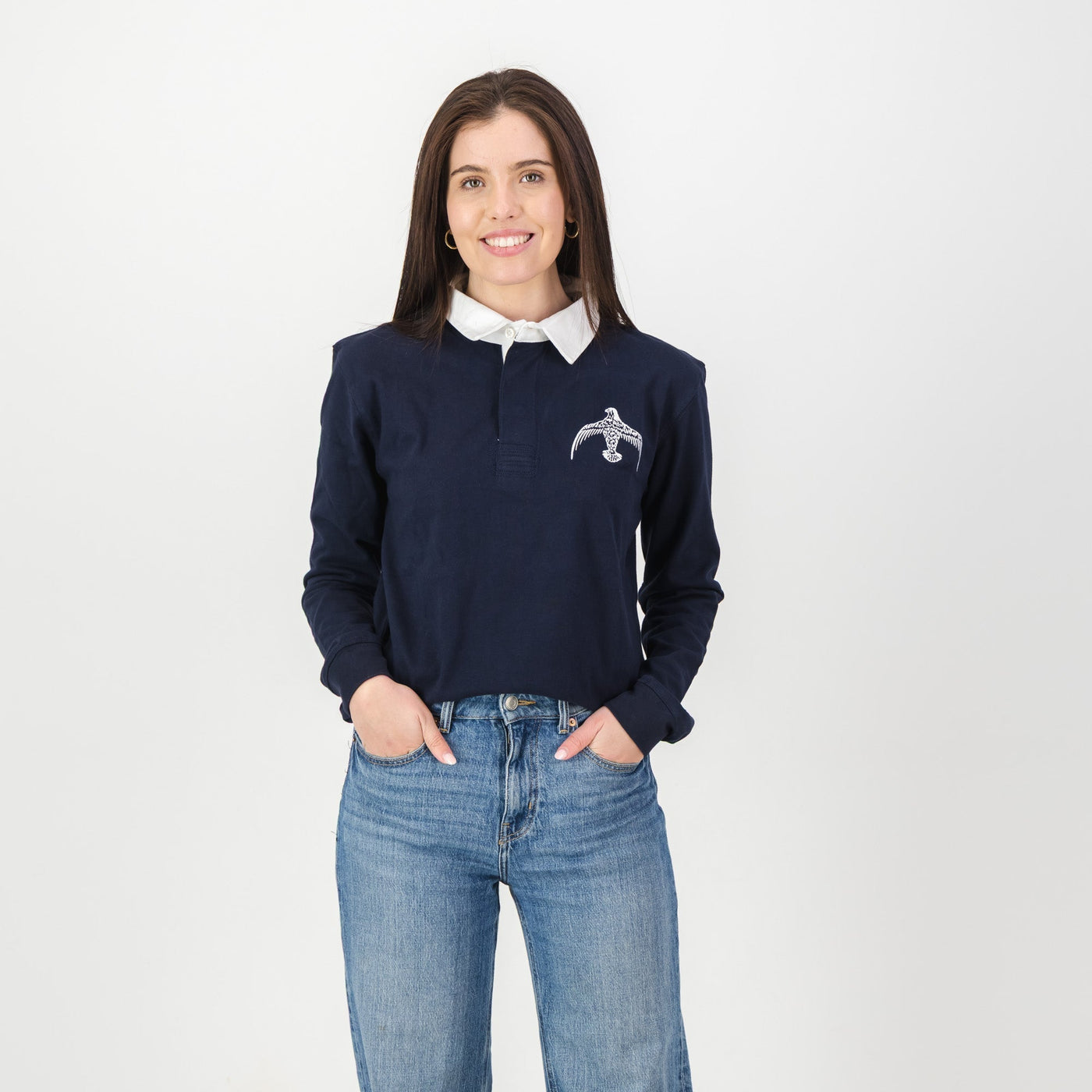 Official Falcon College Navy Long Sleeve Rugby Jersey - Durable Cotton, Embroidered