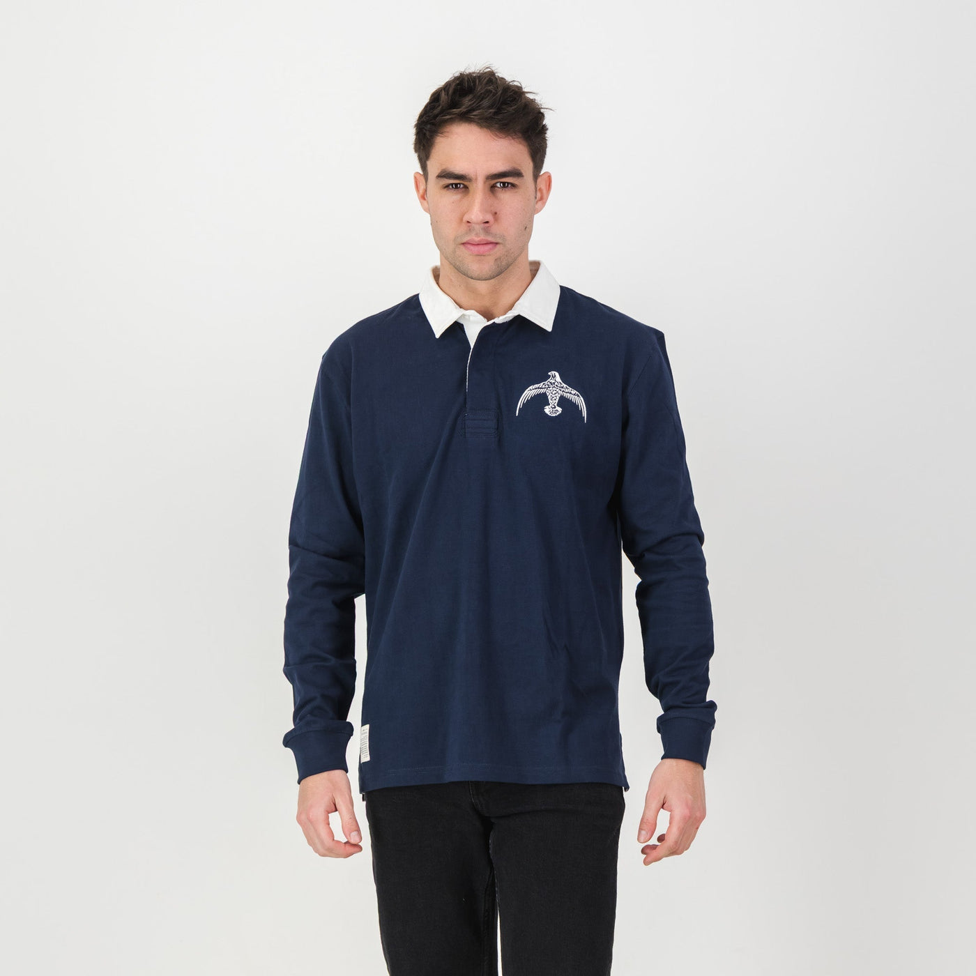 Official Falcon College Navy Long Sleeve Rugby Jersey - Durable Cotton, Embroidered