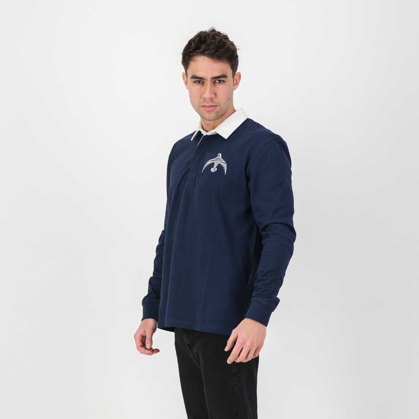 Official Falcon College Navy Long Sleeve Rugby Jersey - Durable Cotton, Embroidered