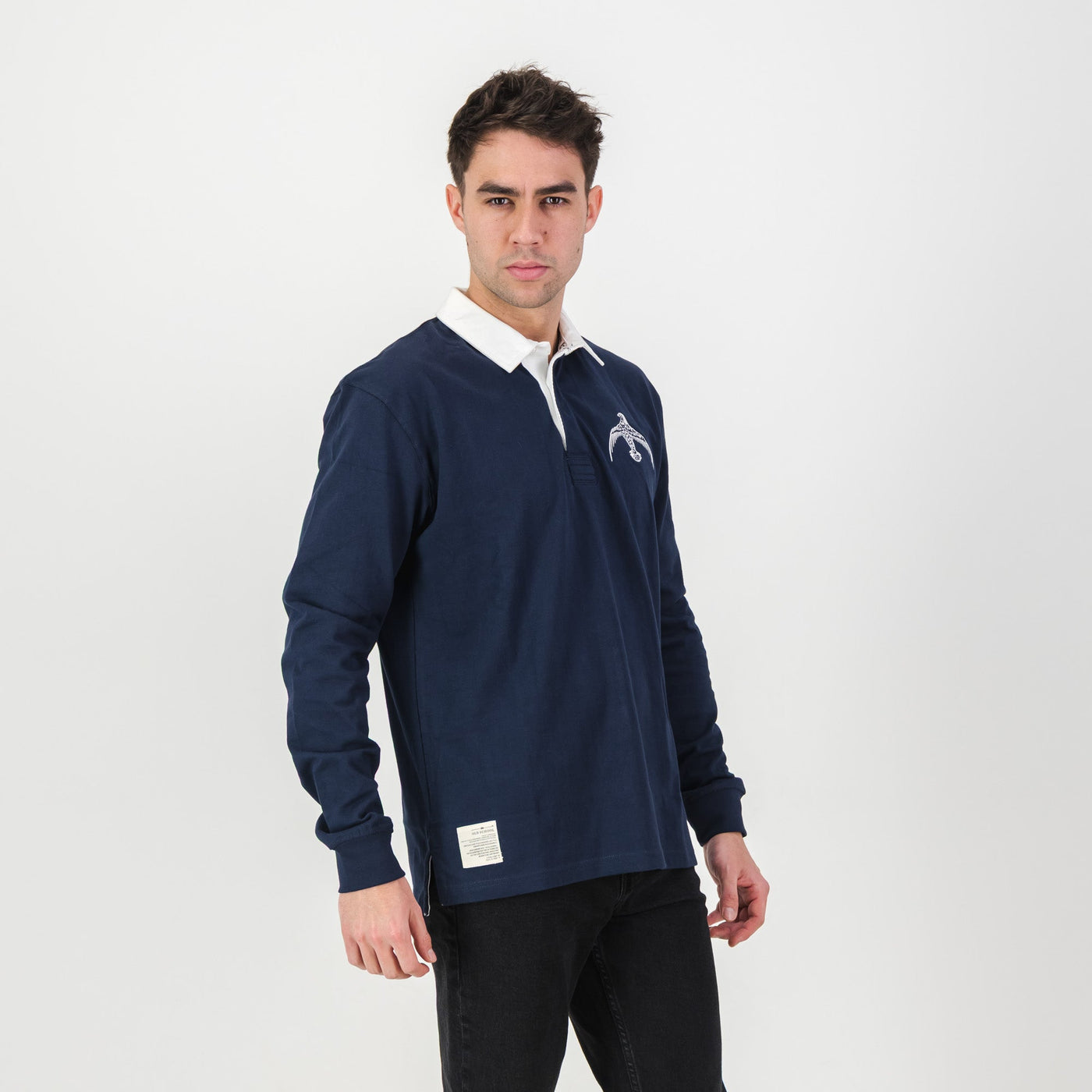 Official Falcon College Navy Long Sleeve Rugby Jersey - Durable Cotton, Embroidered