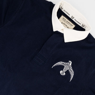 Official Falcon College Navy Long Sleeve Rugby Jersey - Durable Cotton, Embroidered