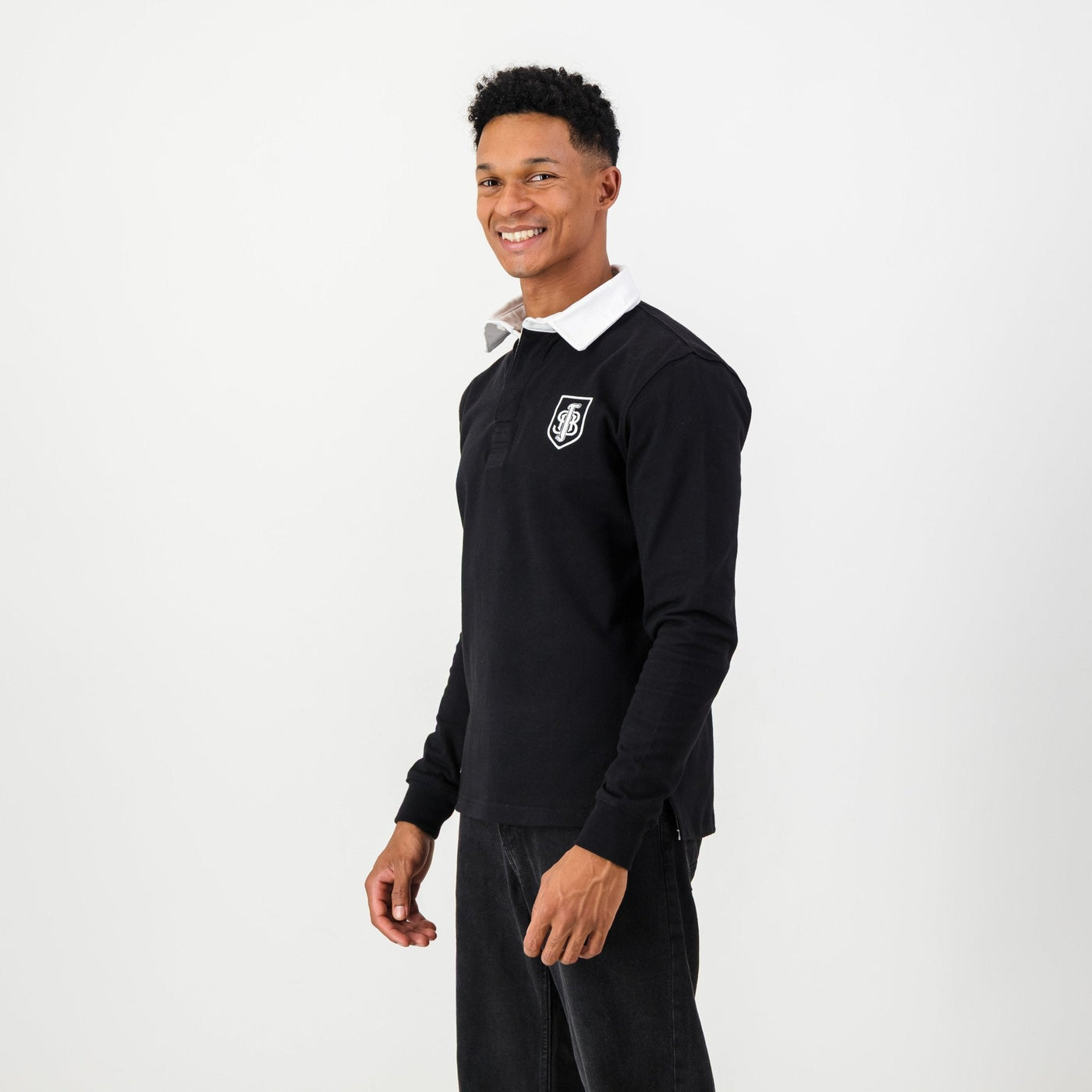 Jeppe Old School Rugby Jersey: Premium Cotton, Embroidered Crest, Black Long Sleeve