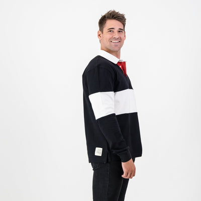 Sharks Rugby Fan Long Sleeve Polo Jersey - Black & White Vintage Style