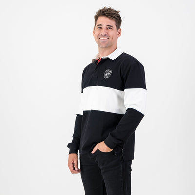 Sharks Rugby Fan Long Sleeve Polo Jersey - Black & White Vintage Style