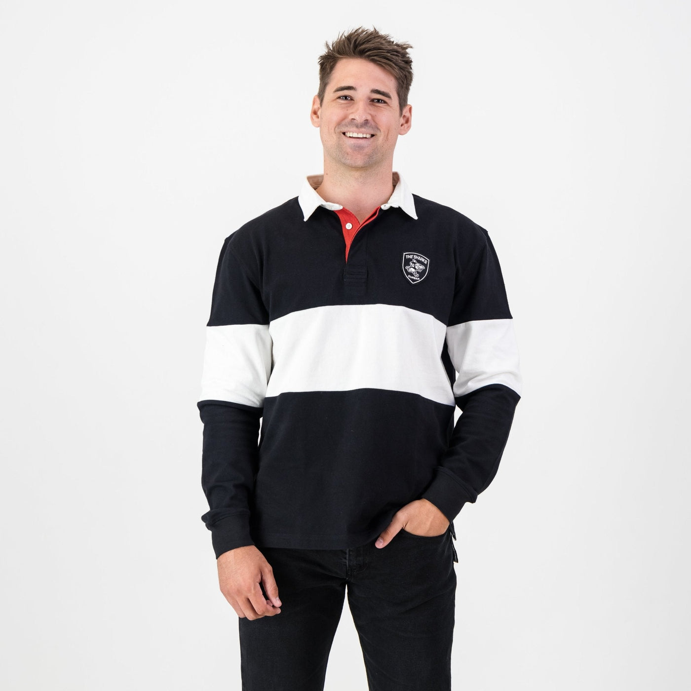 Sharks Rugby Fan Long Sleeve Polo Jersey - Black & White Vintage Style