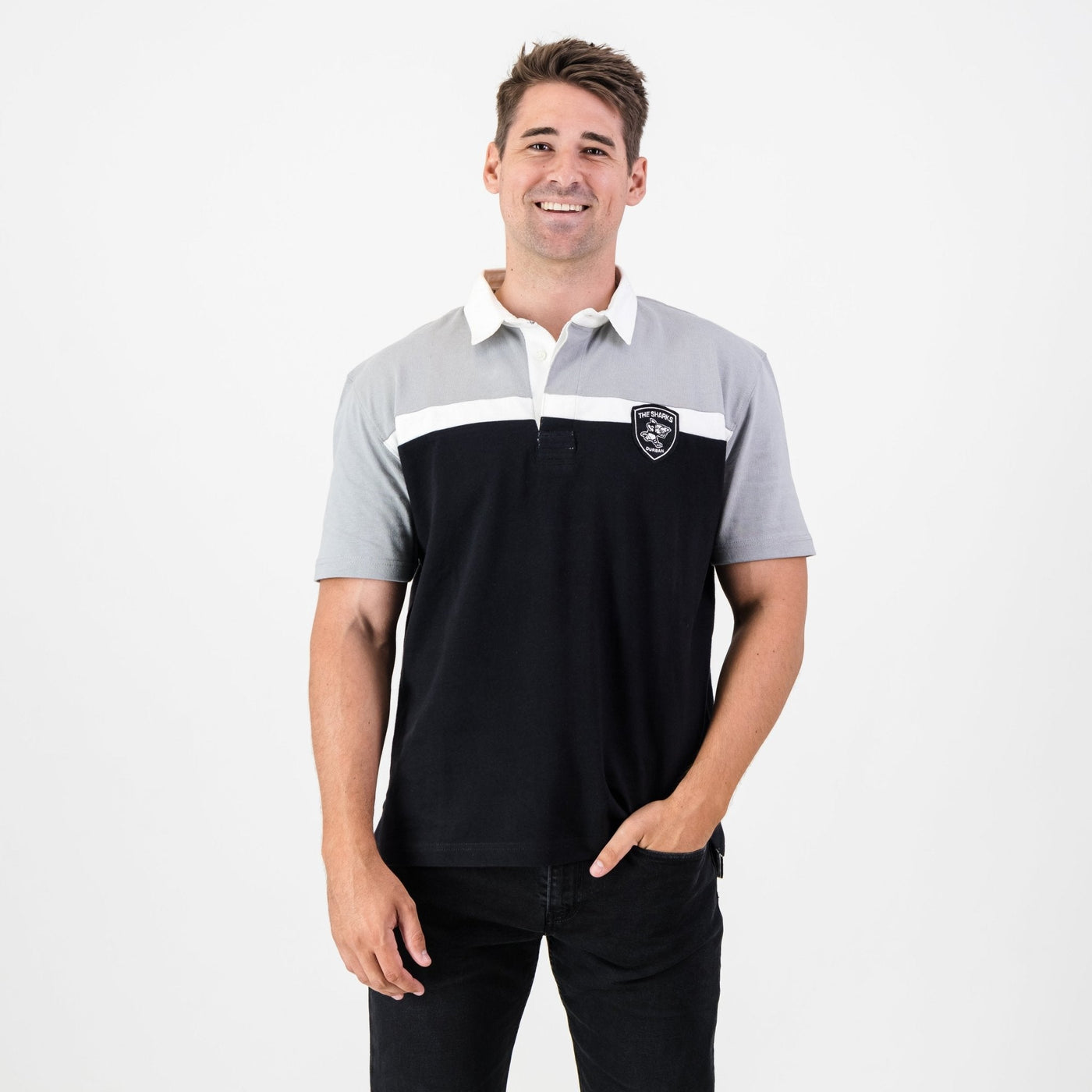Official Sharks Rugby Jersey: Premium Embroidered Cotton, Short Sleeve, Black & Grey