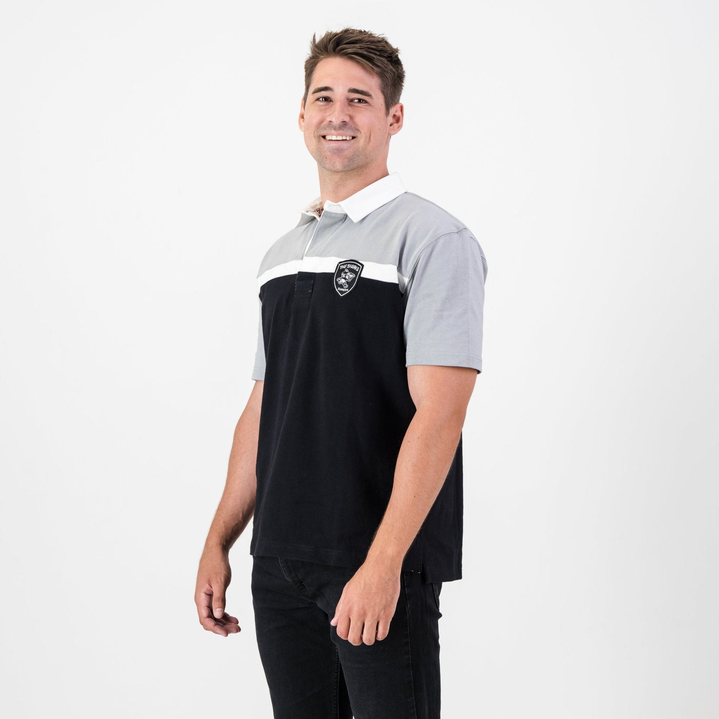 Official Sharks Rugby Jersey: Premium Embroidered Cotton, Short Sleeve, Black & Grey
