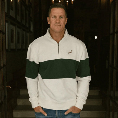 Springboks Classic Rugby Quarter Zip Sweatshirt - Heavyweight Cotton Terry, Embroidered Badge