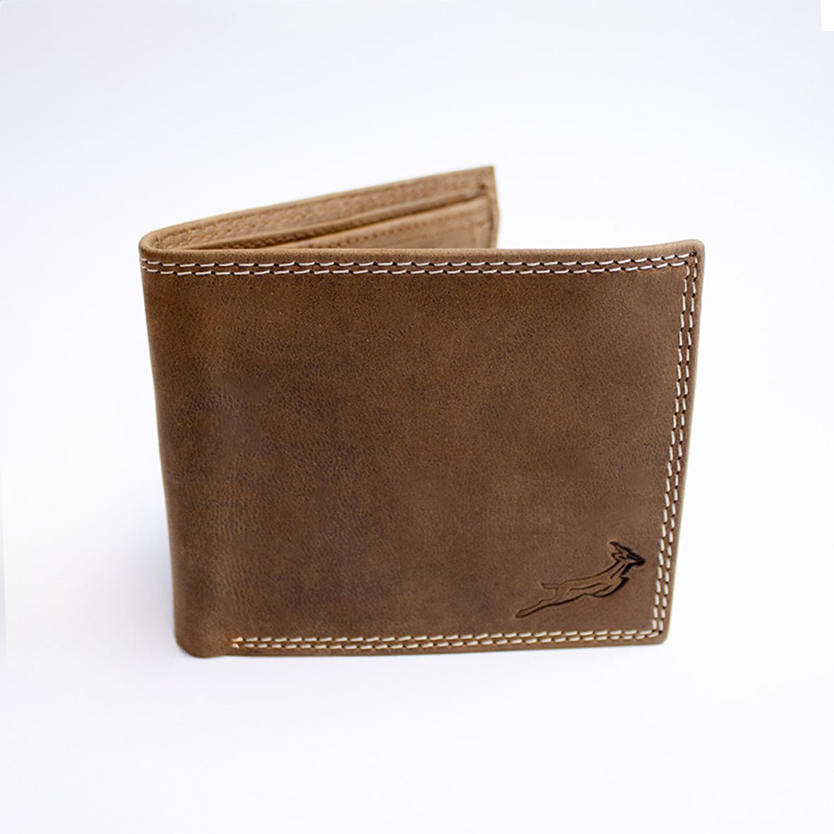 Premium Tan Leather Bifold Wallet with Double Stitching and Springbok Emboss