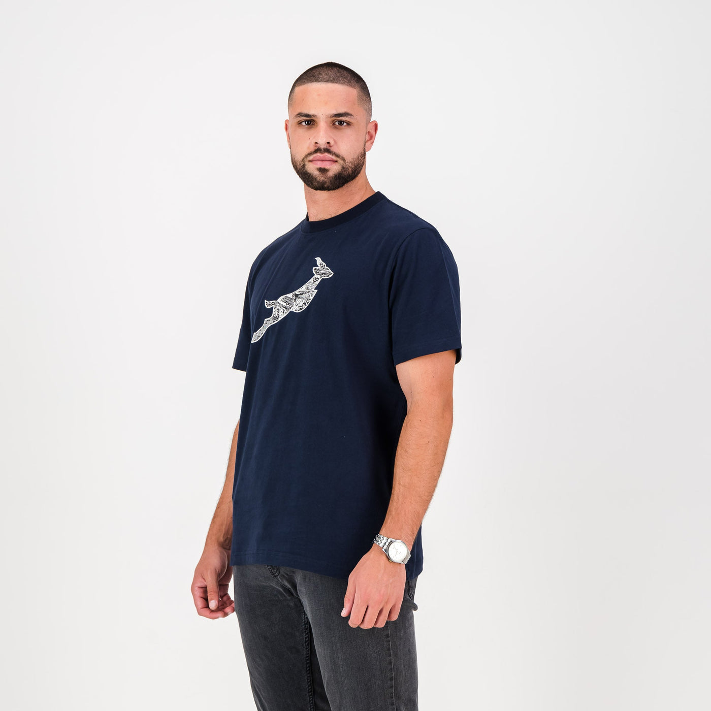 Springboks Rugby Infill Crew Neck Tee Navy - Heavyweight Cotton Fan Gear