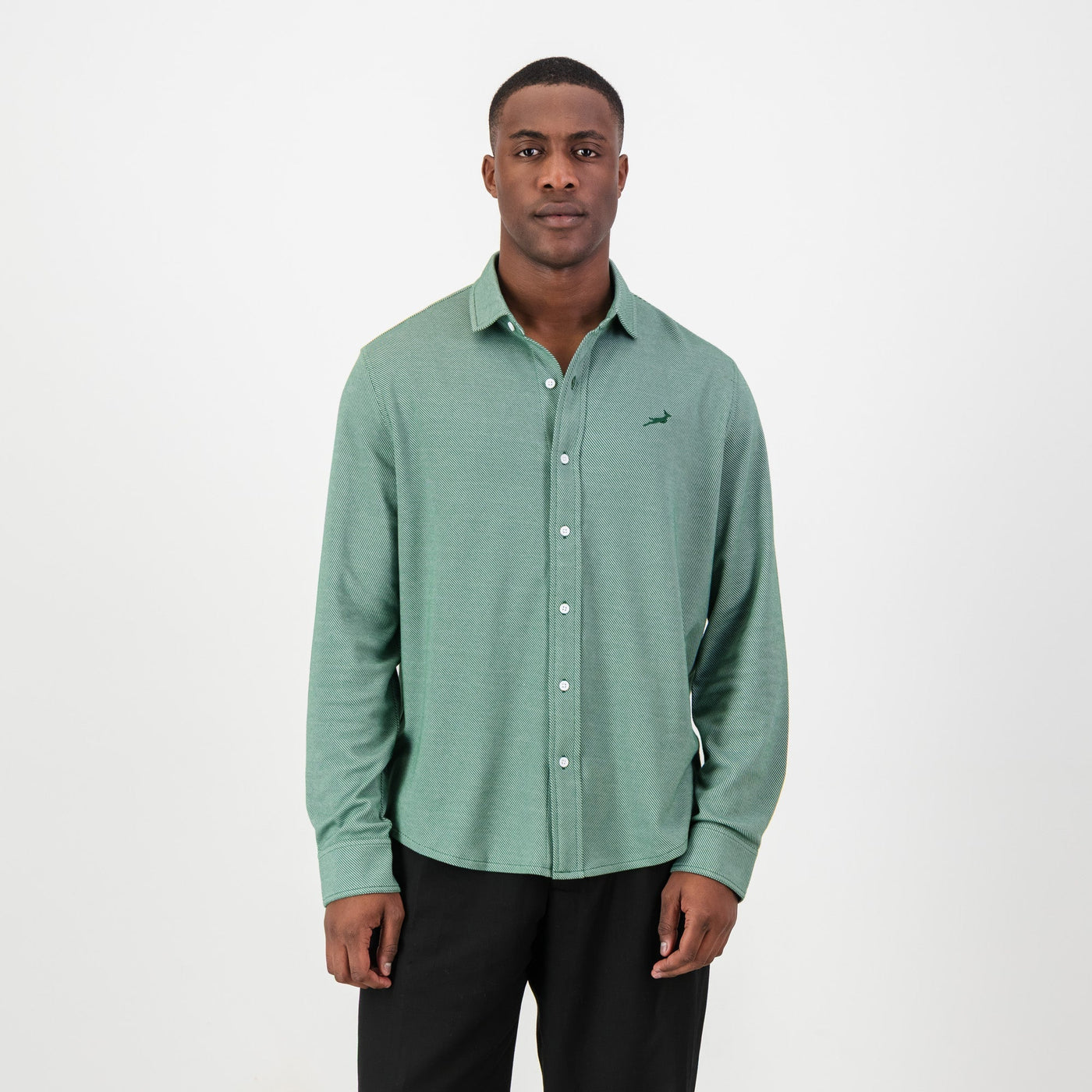 Springboks Jacquard Long Sleeve Shirt - OS Green Tailored Fit Embroidery