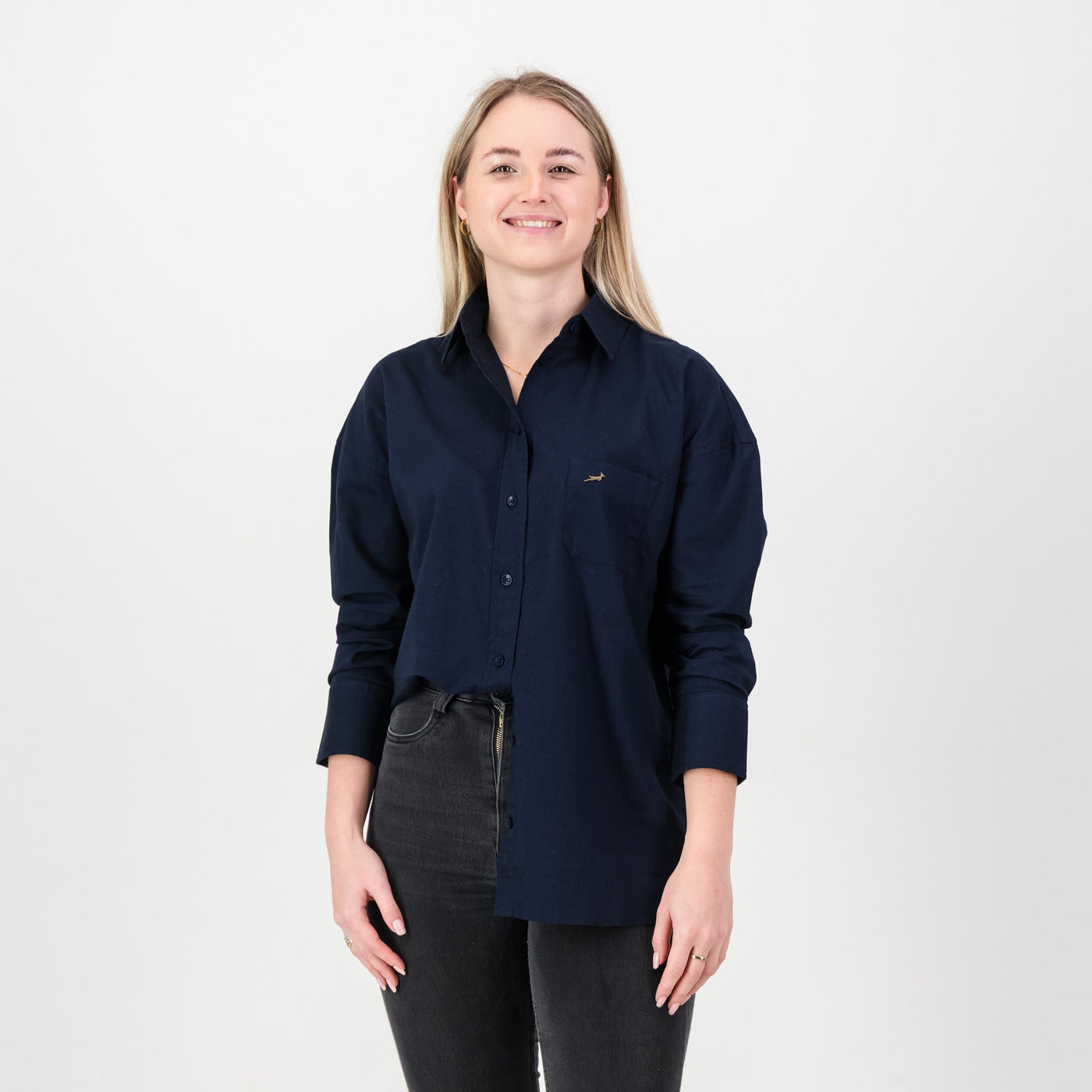 Classic Navy Springboks Ladies Oxford Shirt: Relaxed Fit, Versatile Style, Premium Comfort