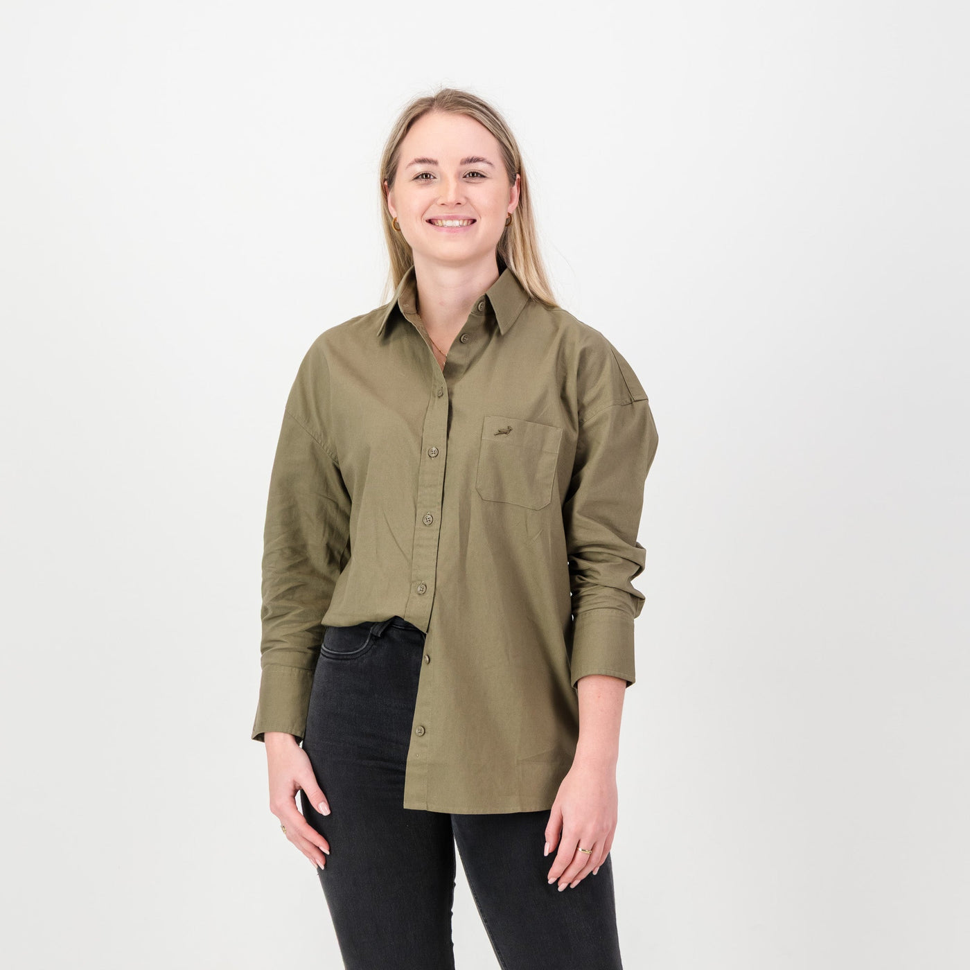 Springboks Women's Classic Taupe Oxford Shirt: Relaxed Fit, Versatile Style