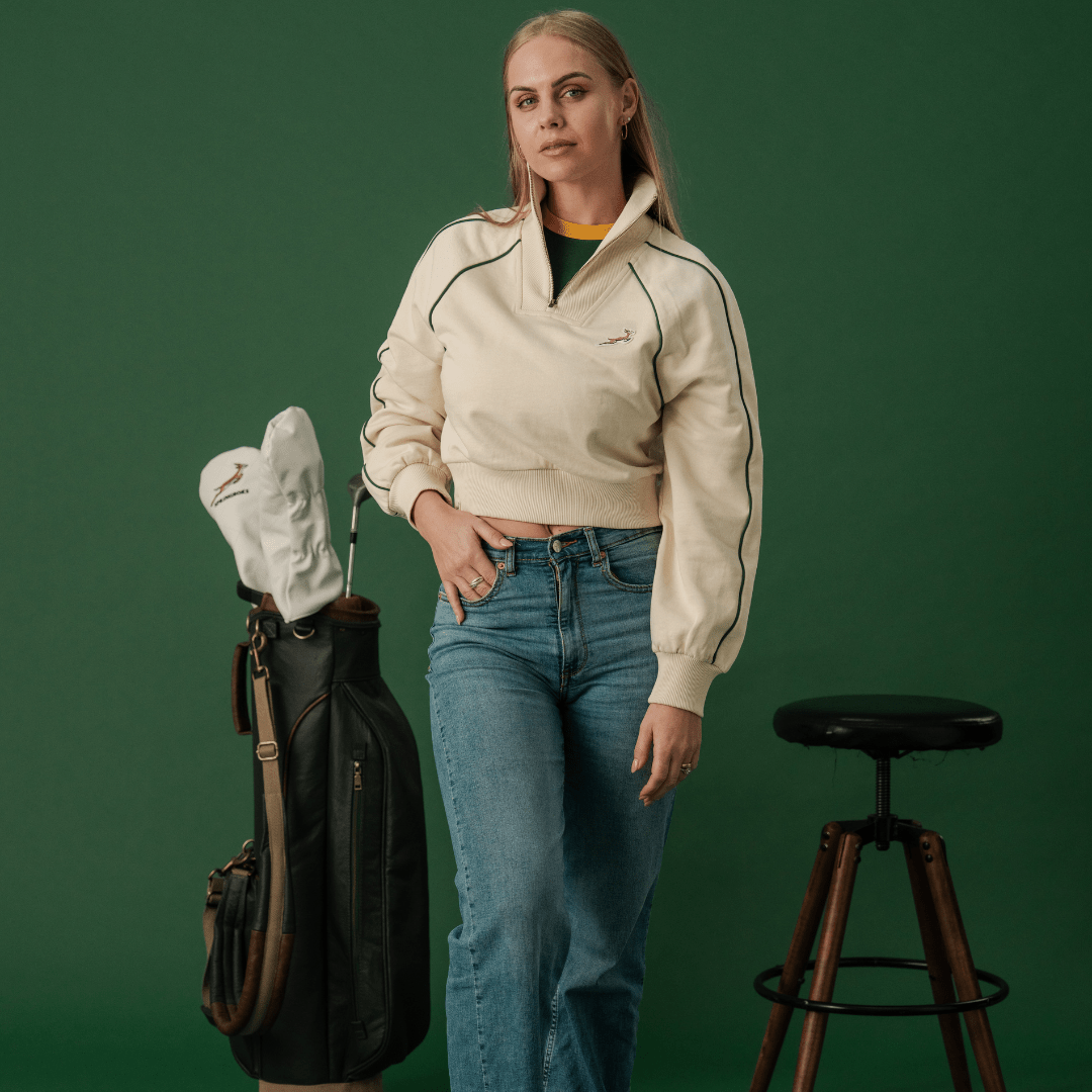 Stylish Springboks Ladies Ivory Piped Quarter Zip Sweatshirt - Heavyweight French Terry