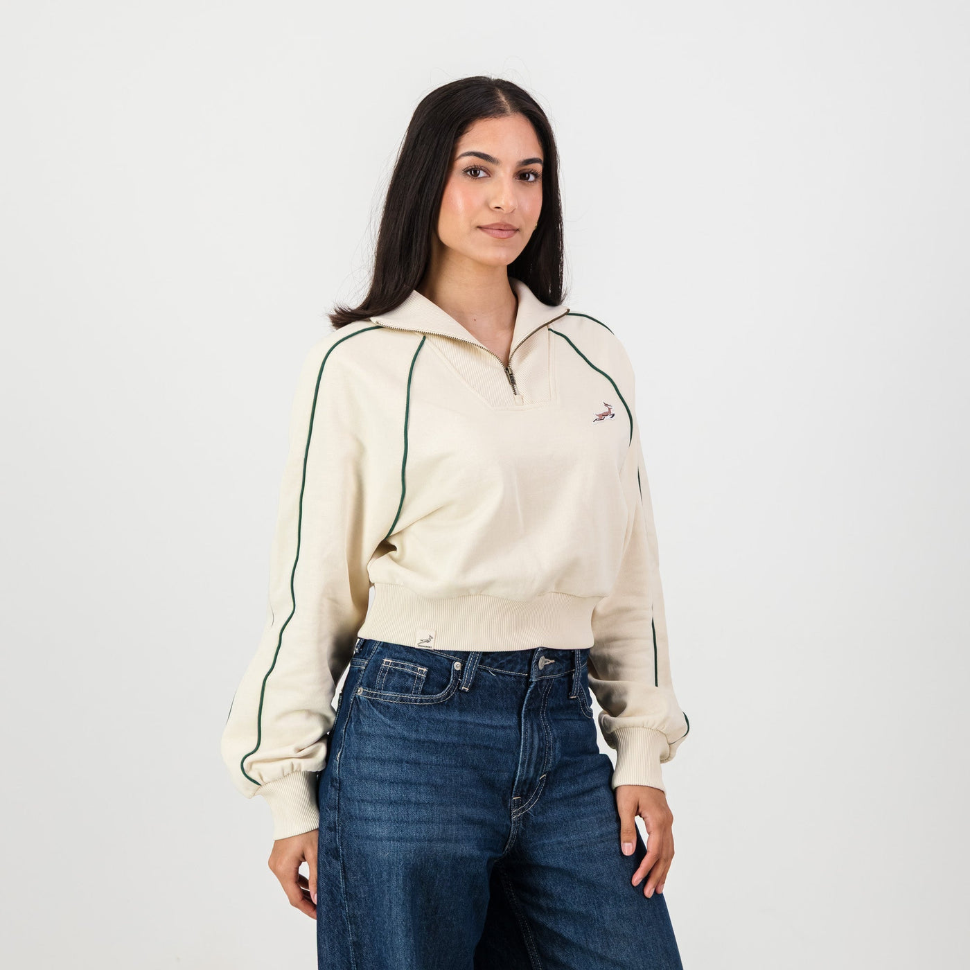 Stylish Springboks Ladies Ivory Piped Quarter Zip Sweatshirt - Heavyweight French Terry