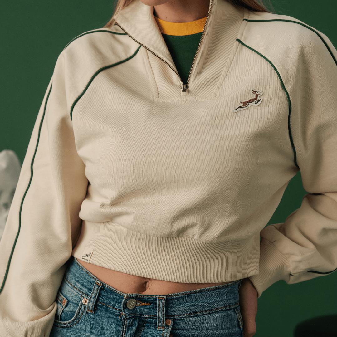 Stylish Springboks Ladies Ivory Piped Quarter Zip Sweatshirt - Heavyweight French Terry