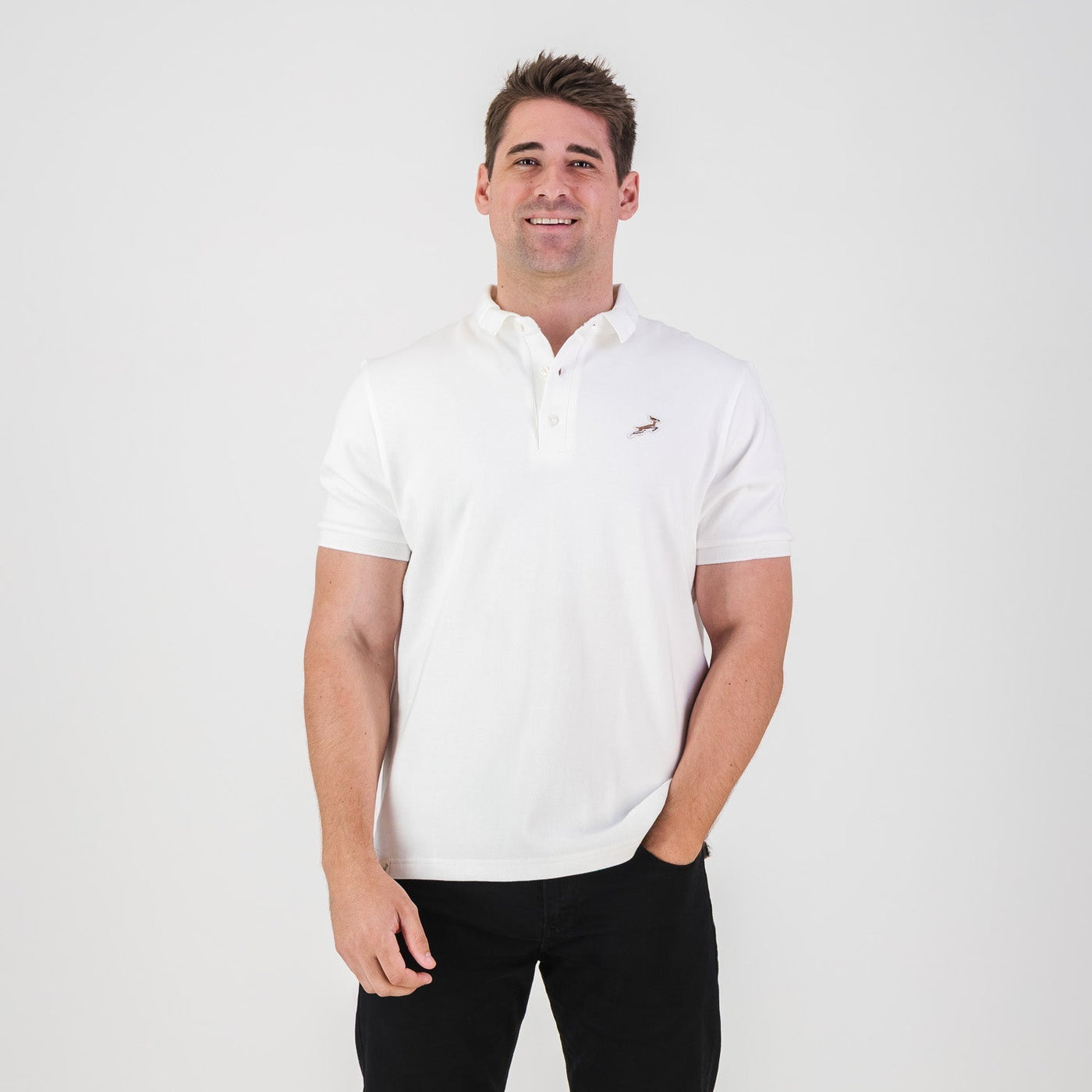 Springboks Men's Classic White Polo Shirt - Embroidered Badge, Comfortable Pique Fabric