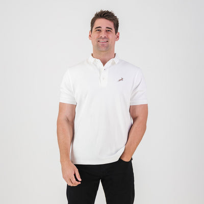 Springboks Men's Classic White Polo Shirt - Embroidered Badge, Comfortable Pique Fabric