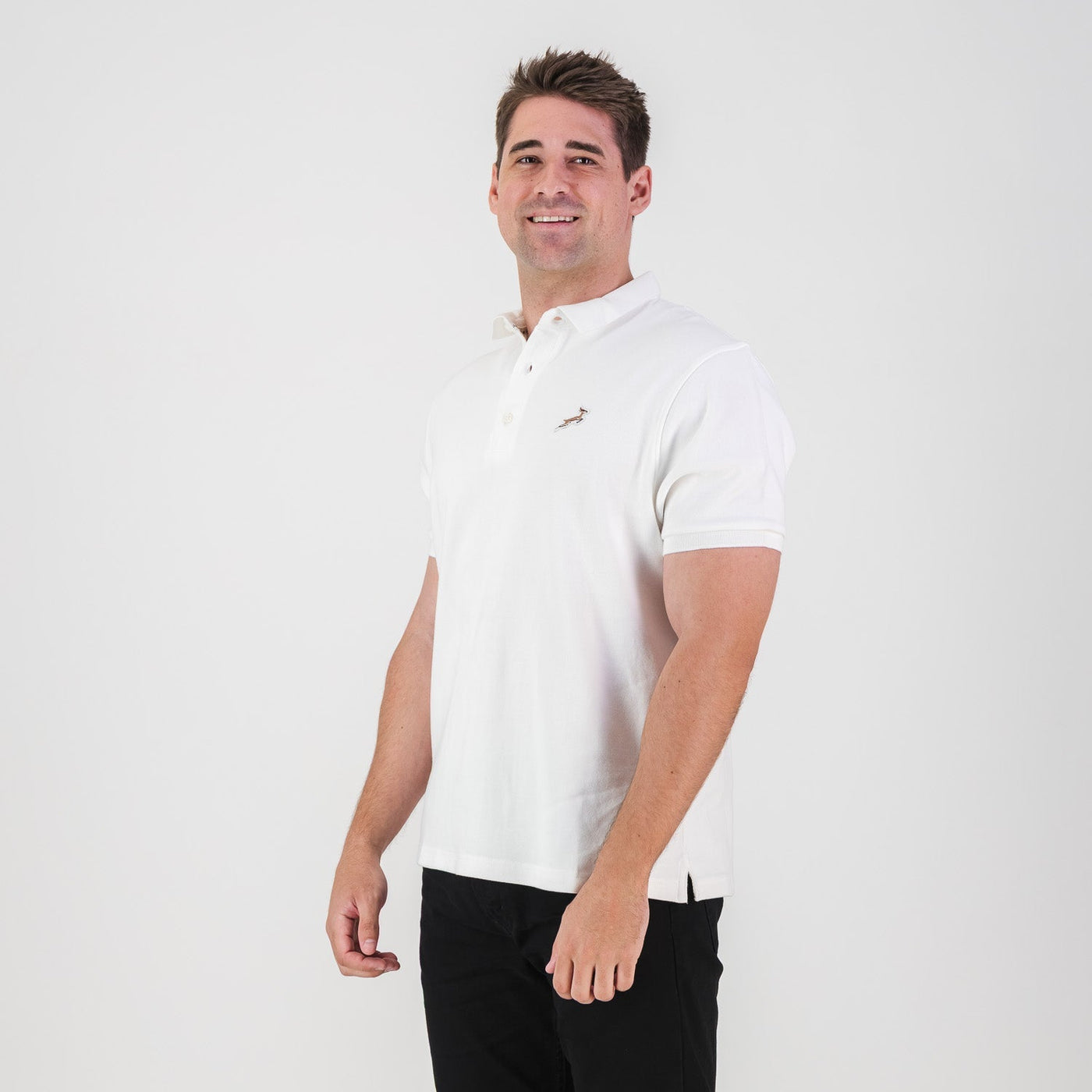 Springboks Men's Classic White Polo Shirt - Embroidered Badge, Comfortable Pique Fabric