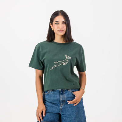 Official Springboks Ladies Outline Bok Crew Tee - Premium Cotton, Military Olive Green