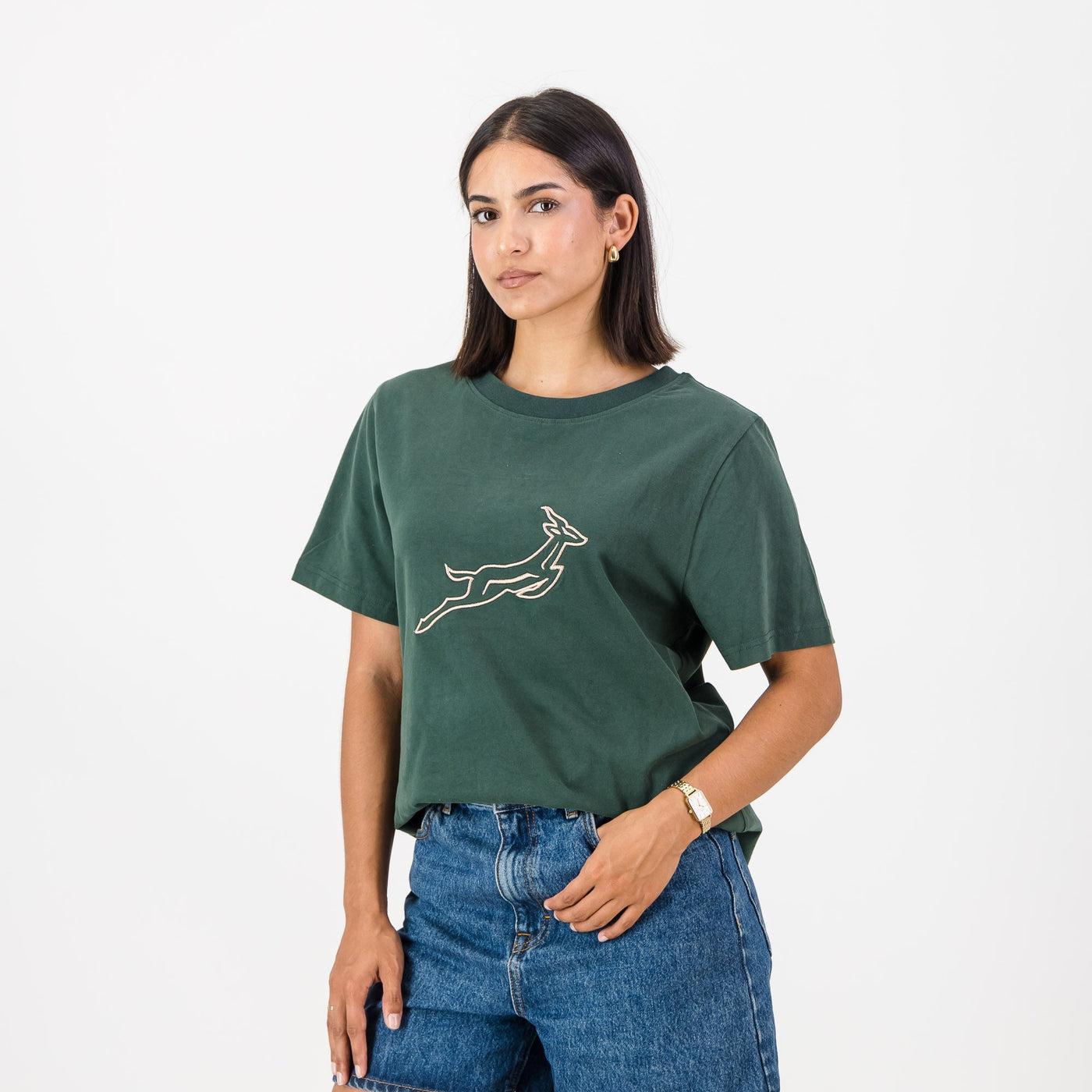 Official Springboks Ladies Outline Bok Crew Tee - Premium Cotton, Military Olive Green